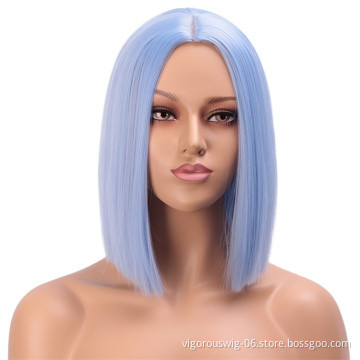 Vigorous Light Blue Synthetic Straight Hair Middle Part Heat Resistant Fashion Short Bob for Women Cosplay Wig